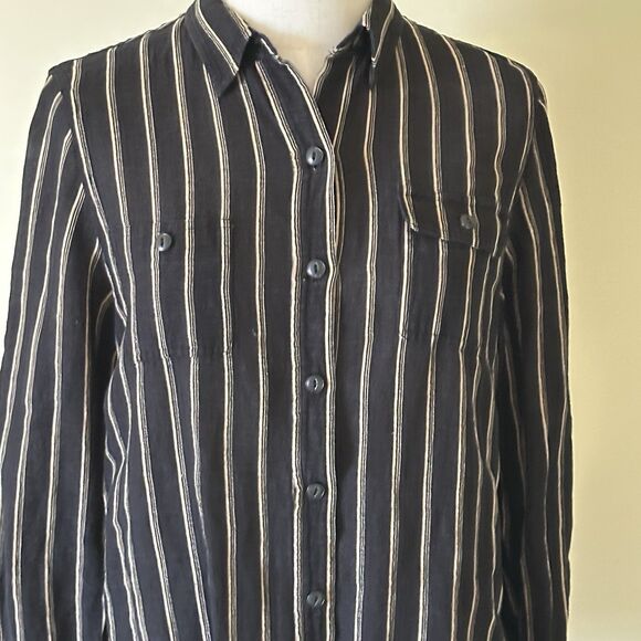 Lauren Ralph Lauren Petite P/L Silk Linen Blouse Black Beige‎ Stripe Button Down - Picture 7 of 10
